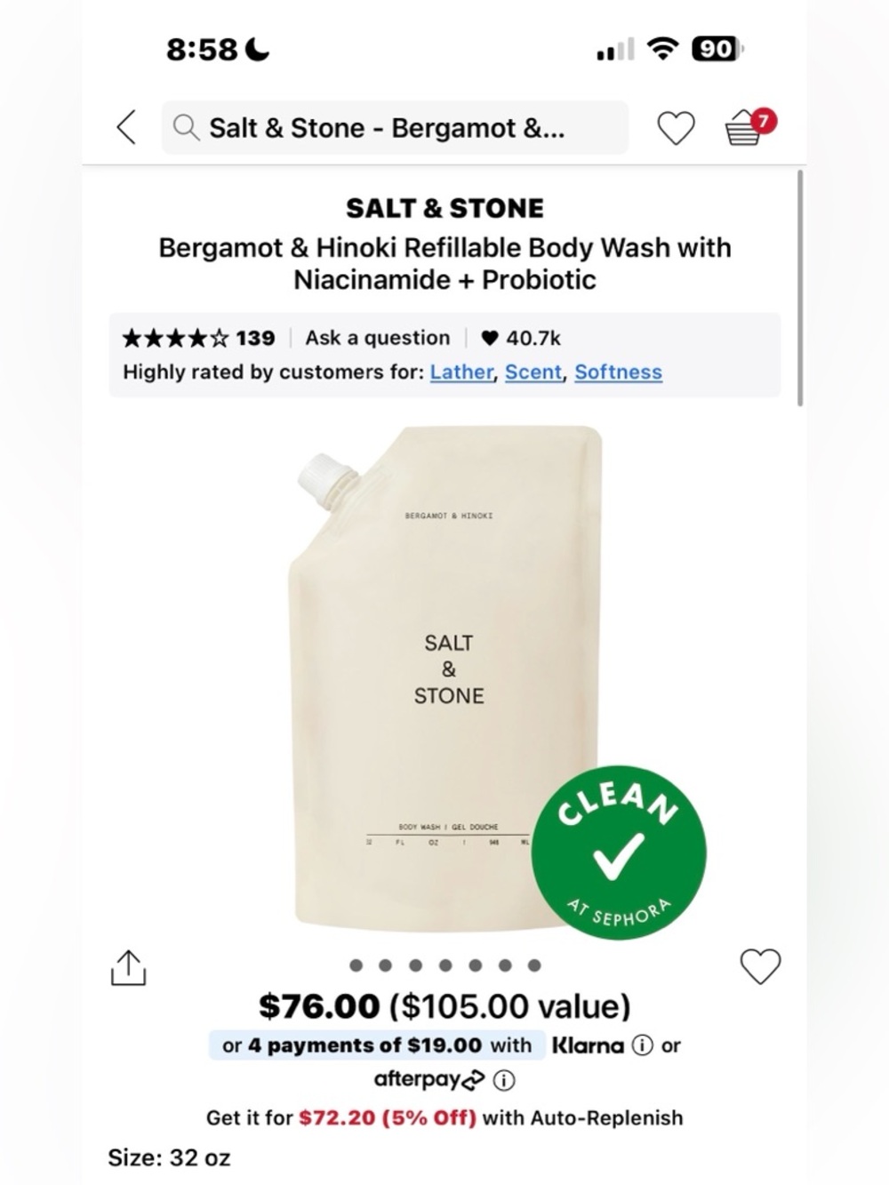 SALT & STONE Bergamot & Hinoki Refillable Body Wash - 946 ml